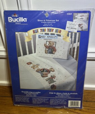 Bucilla Blue Jean Teddy Bear Stamped Cross Stitch Kit Crib Sheet & Pillowcase