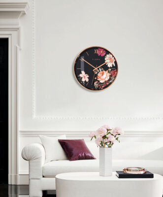 Rose Gold Wall Clock Quartz Hanging Round Stylish Floral Design Roman Numerals