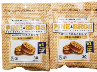 PINE BROS Throat Drops  REAL HONEY 30 Gummy Drops ( 2 pack ) --
