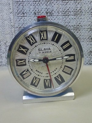 Slava alarm clock, Roman numerals, mechanical, USSR, vintage
