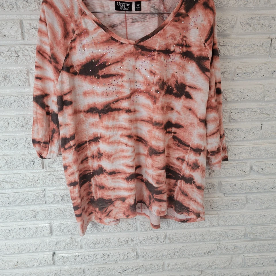 Onque Casual Womens Top 3X Plus Tee 3/4 Sleeve Pink Black Tie Dye Studded Comfy - Image 4 of 4