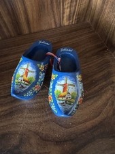 Vintage Holland Hand Painted Wooden Dutch Clogs Windmill Floral Blue Pair 15 cm