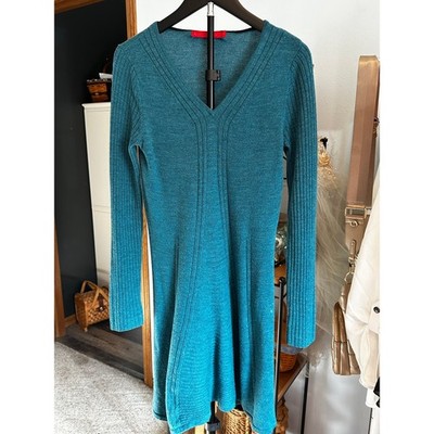 Krimson Klover Teal 100% Merino Wool V-Neck Ribbed Flare Sweater Dress M