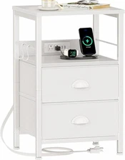 Furologee End Table with Charging Station, Nightstand with Fabric Drawers