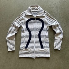 Lululemon In Stride Jacket Size 4 Quiet Stripe White Navy Blue Full Zip Luon