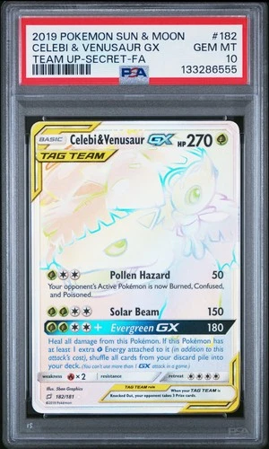 2019 POKEMON SUN & MOON TEAM UP SECRET #182 FULL ART/CELEBI & VENUSAUR GX PSA 10