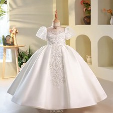 Satin Girl Dress Puff Sleeve White Princess Gown Luxury Party Birthday Costume