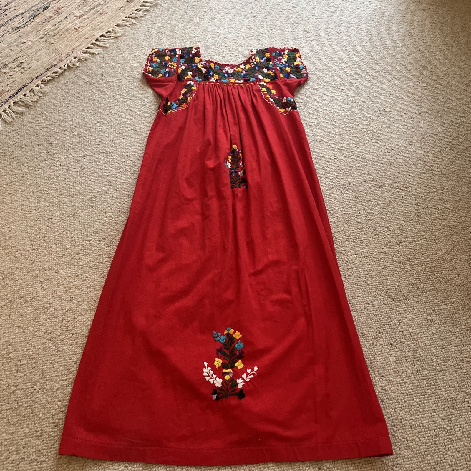 Vtg MEXICAN Festival Fiesta OAXACAN Red Embroidered MAXI DRESS Cotton Small