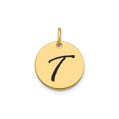 14k Gelbgold Runde Initiale Anhänger Charm Schrift Buchstabe T Unisex Minimalistisch