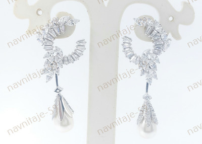 Engagement Drop Dangle Earring Simulated Diamond And Pearl 14K White Gold Plated
