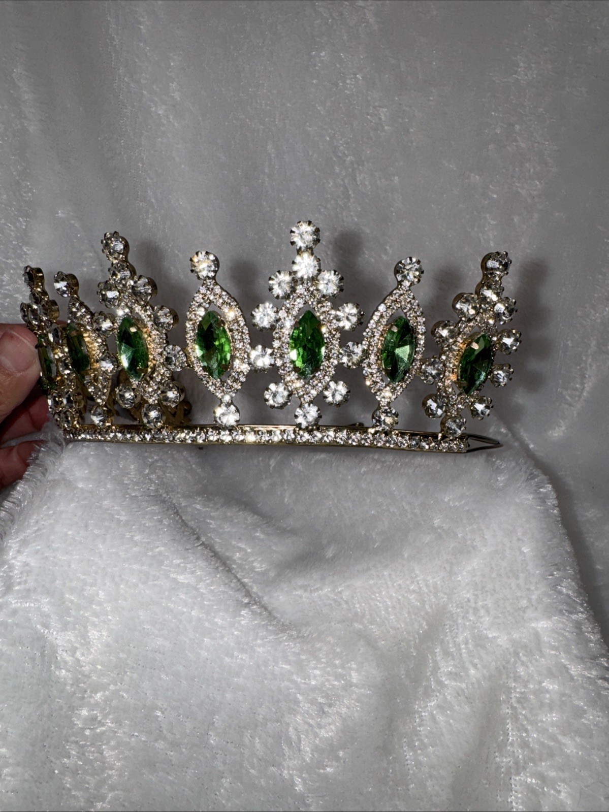 Green emerald Crown Tiara real metal gift birthday diadem bridal gold