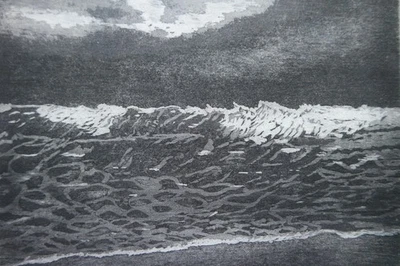 Aquatinta-Radierung „Wellen am Strand“, Originaldruck, signiert T. Ehmke, 2023 - Bild 1 von 4