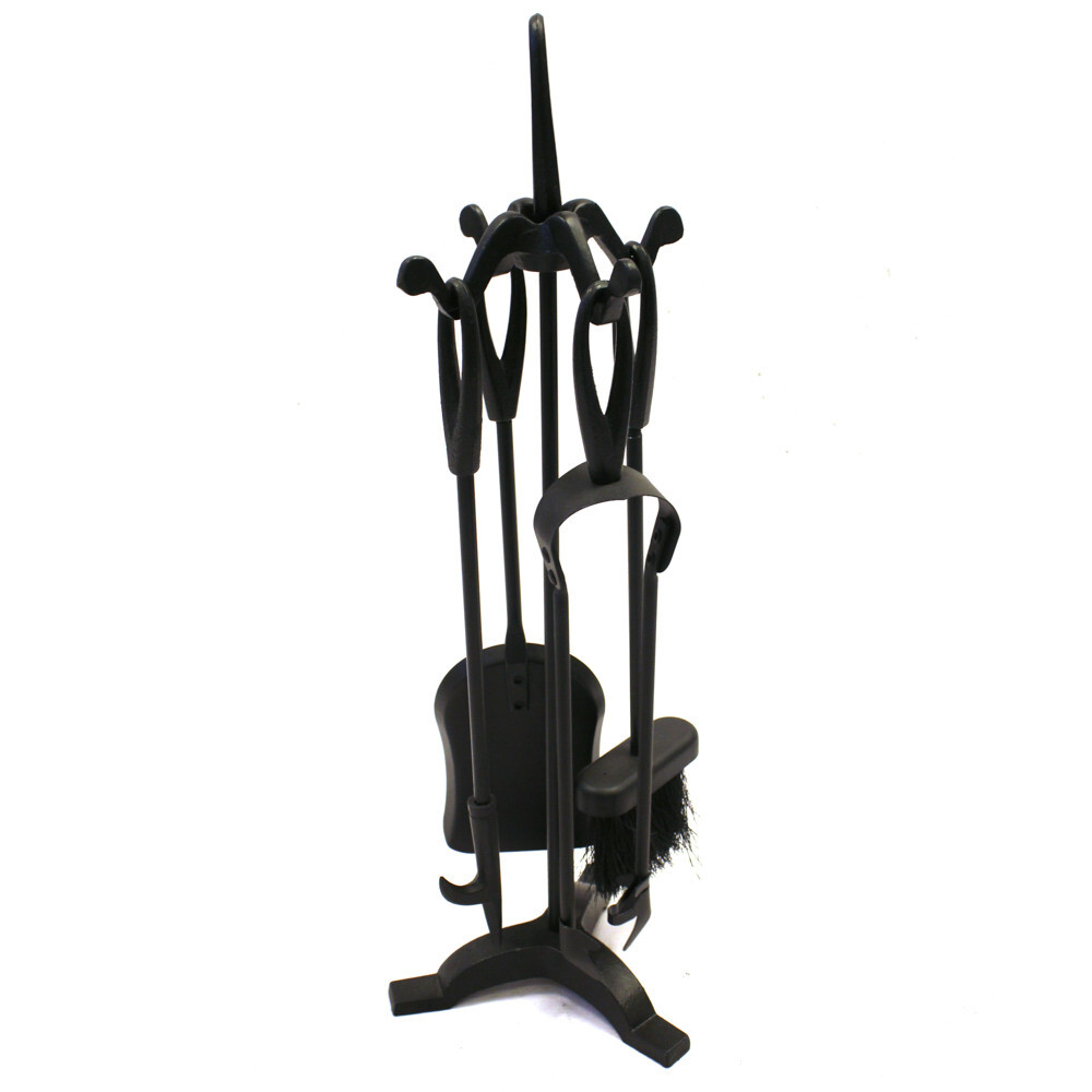 Traditional Fireplace Companion Set Brush Tongs Poker Shovel Stand Black Steel