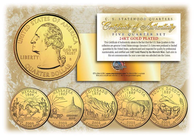 2006 GOLD 24K Clad U.S Mint State Quarters Complete Set of 5 Coins