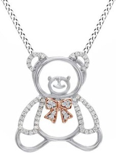 Authentic White Natural Diamond Teddy Bear Bow Pendant Necklace 14K Gold Plated (1/4 Ct)