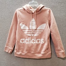 Adidas Women Sweater Small Pink Hoodie Trefoil Logo Graphic Pockets Fitted READ