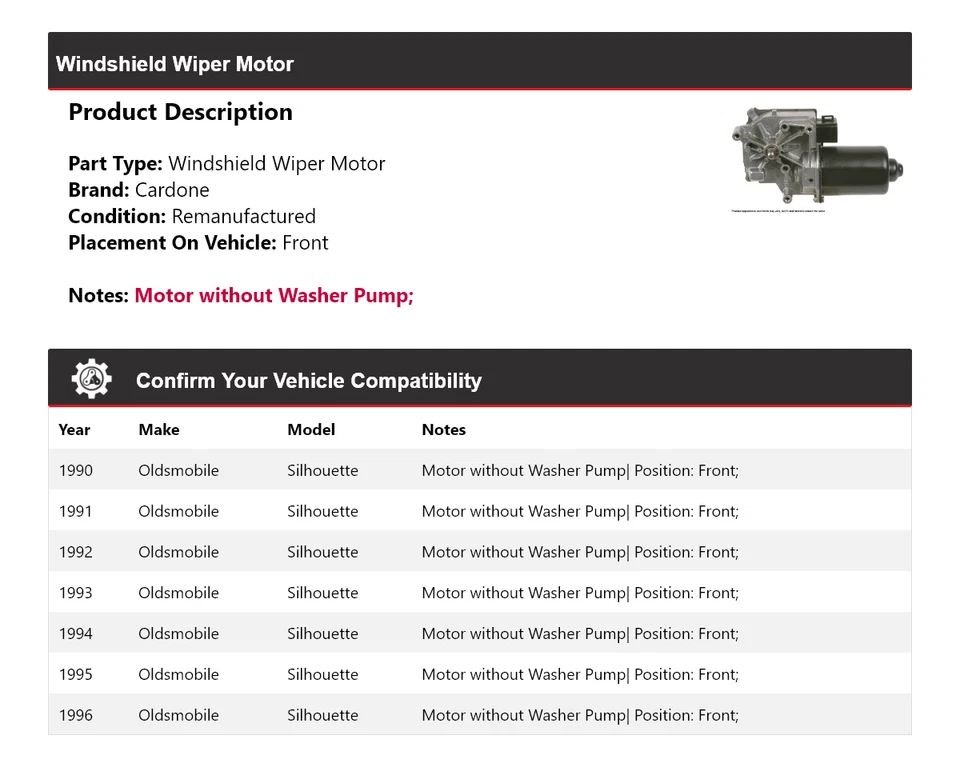 For 1990-1996 Oldsmobile Silhouette Windshield Wiper Motor Front Cardone 1991 - Image 2 of 4