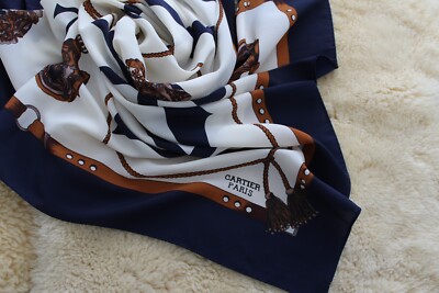 Vintage Cartier Scarf Women 100% Silk Logo Border Paris France