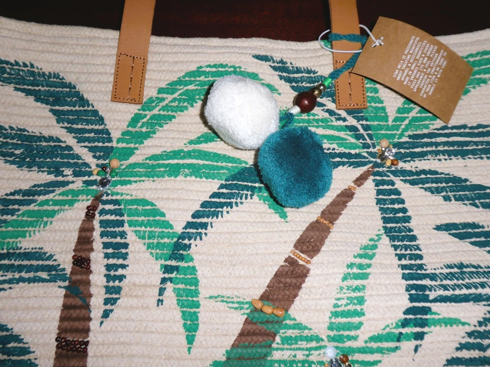 Star Mela Zoie Palm Tree Tote Beach Bag Leather Handles Wood Beads NWT $442.50 - Image 2 of 4