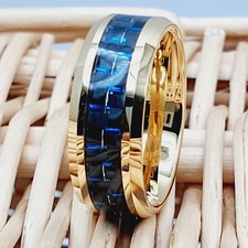 Gold Tungsten Blue Carbon Fiber Ring Tungsten Wedding Ring Mens Womens Band