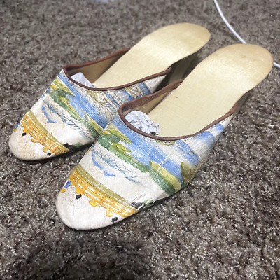 Vintage Japanese hand painted wooden mules geta clogs silk art landscape sz 5 M