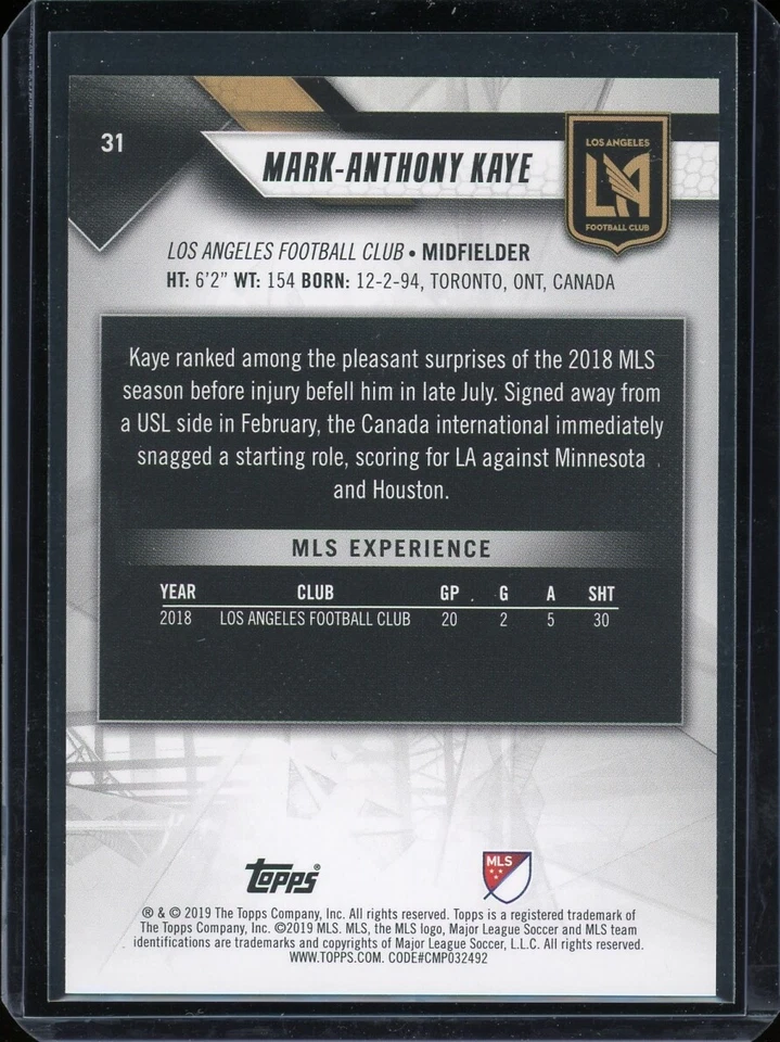 2018 Topps "mls" MARK-ANTHONY KAYE rookie rc #31 TEAM CANADA - Image 2 of 2