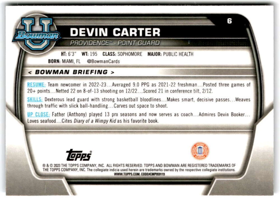2022-23 Bowman University Chrome Basketball #6 Devin Carter  Bowman  V97304 - Image 2 of 3