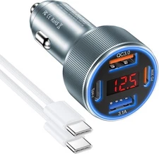 Car Phone Charger for iPhone 16 15, USB C Adapter 4 grey charger+white cable 