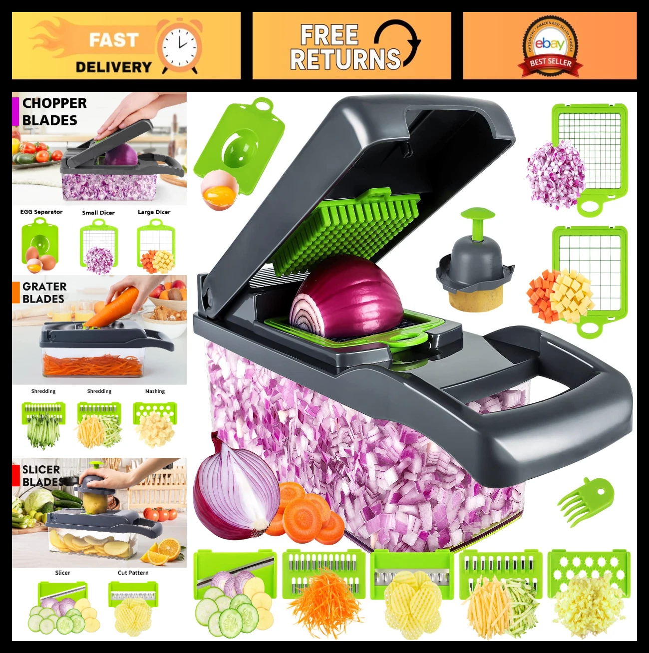 Multifunctional 13-in-1 Vegetable Chopper & Slicer, 8 Blades, Dicer & Cutter Too