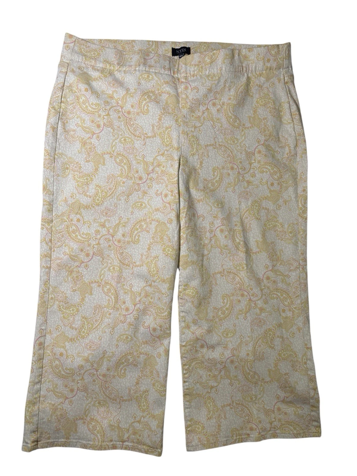 NYDJ Wide Leg Capri Pull-On Pants 18W Yellow Darcy Paisely Lift Tuck Stretch