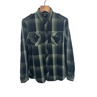 Rock & Republic Long Sleeve Roll Up Button Up Stretch Shirt Green Plaid Mens L