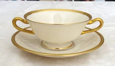 Lenox Tuxedo Cream Soup Cup & Saucer: Cream + Gold Trim: Green Stamp : Excellent