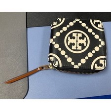 Tory Burch T Monogram Chain Print Zip Around Wallet Black Leather Gold Hardware