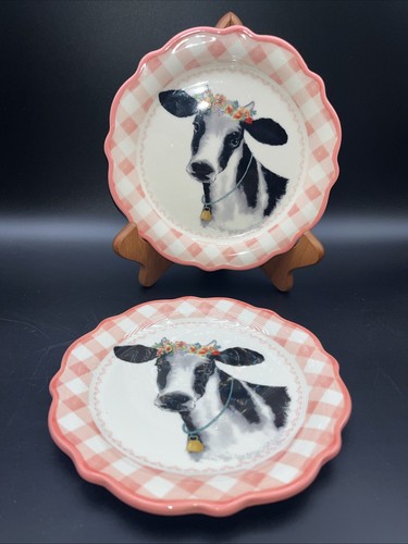 Pioneer Woman Gingham Black And White Cow Appetizer Plates Set Of Two 7 Inches - Picture 1 of 5