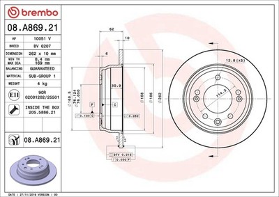 1X Bremsscheibe BREMBO 08.A869.21 KIA OPTIMA (JF) 2 2015-2019