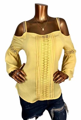 NY&C M Top NWT$59 Yellow Stretch Sheer Blouse Embroidery Cold Shoulders Bell Slv