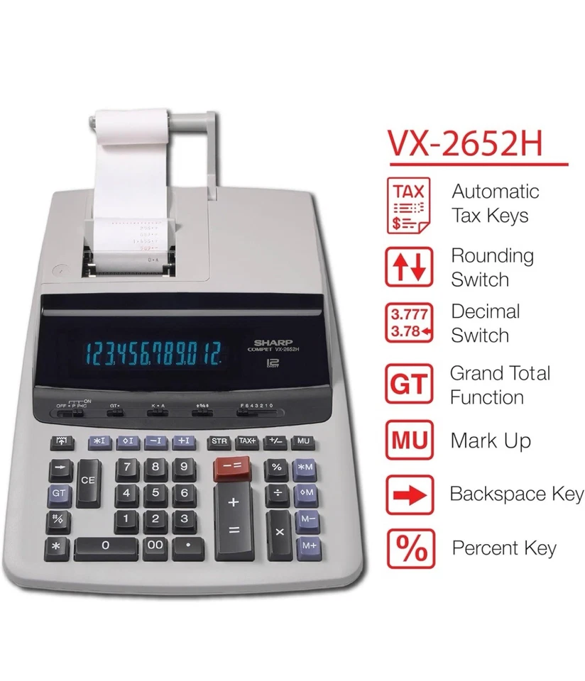 Sharp VX2652H VX2652H Two-Color Printing Calculator Black/Red Print 4.8 Lines - Image 2 of 4