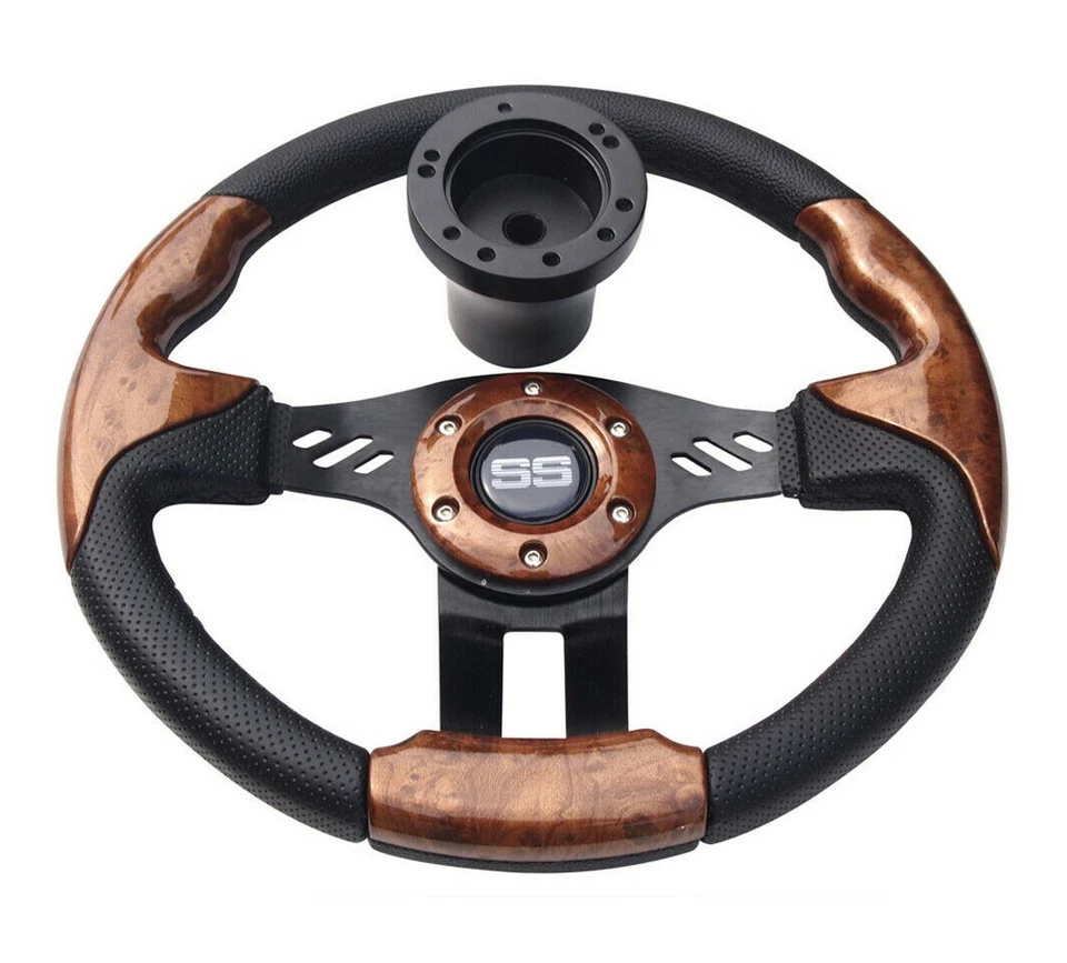 HUSKEY Club Car Woodgrain Steering Wheel Premium Quality W/ Hub Adapter for DS Golf Car