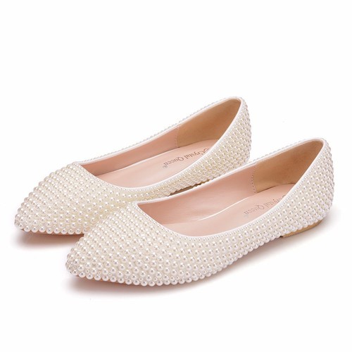 Damen Weiß PerlenSchwanger Schwanger Flache Schuhe Braut Hochzeit Brautschuhe - Bild 18 von 27