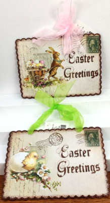 Easter 8''Lx5.5''T Metal Tin 2 Post card Wall Hanging  Easter Greetings Plaques