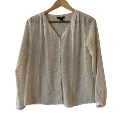 H&M Size 4 Leopard Animal Print Button Up Blouse Pleated V Neck Long Sleeve