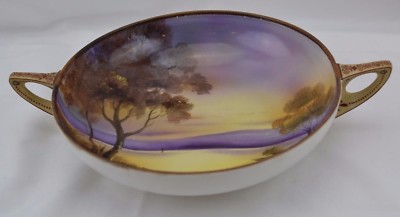 Noritake Green Mark Two Handled Bowl Raised Paint on Handles Tree Meadow
