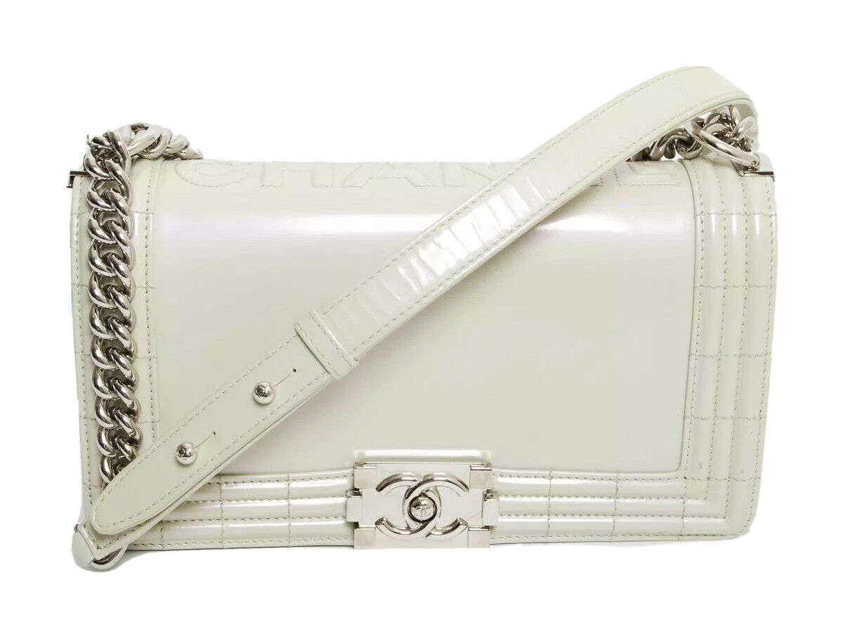 CHANEL OG White Le Boy Patent Leather Metallic Crossbody CC Logo Shoulder  Bag