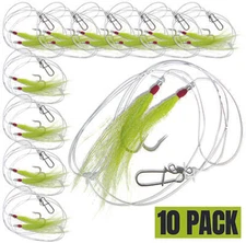 10 Pack Chartreuse  Fluke Flounder Hi/Lo Rig – Bucktail Teaser Hook