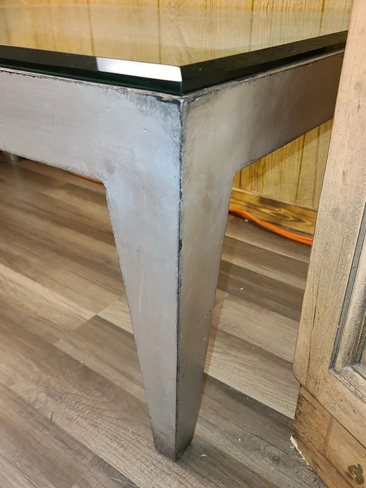 Modern Rustic Accent/Coffee Table with Glass Top and Metal Base - Image 3 of 4