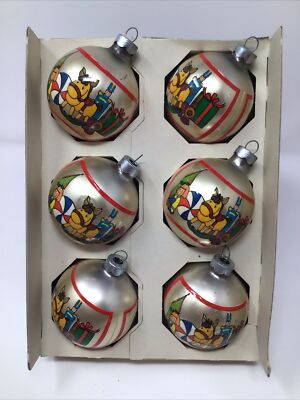 Marathon Franke Glass Christmas Ornaments w Box Christmas Toys Decal Vintage
