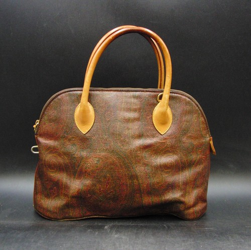 Stylish Etro Handbag Brown Leather Paisley Pattern Zip Around & Double Handles - Picture 2 of 11