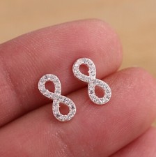 Solid 925 Sterling Silver Infinity Stud Earrings with CZ Gift Boxed