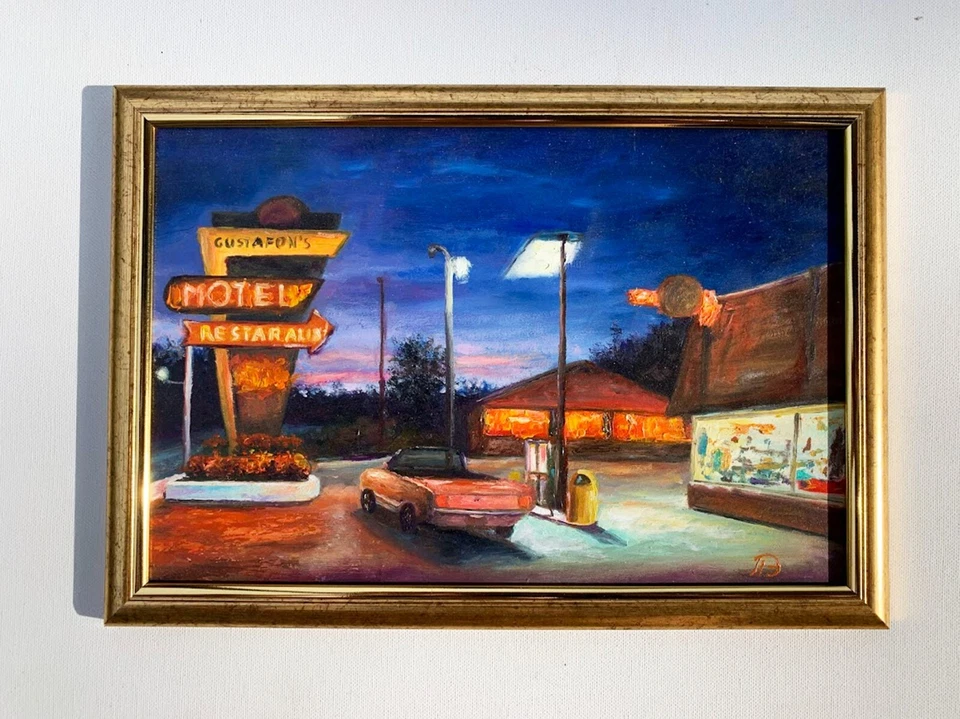 Оригинальная картина маслом городской пейзаж винтажное американское искусство ретро придорожная сцена - Изображение 4 из 4