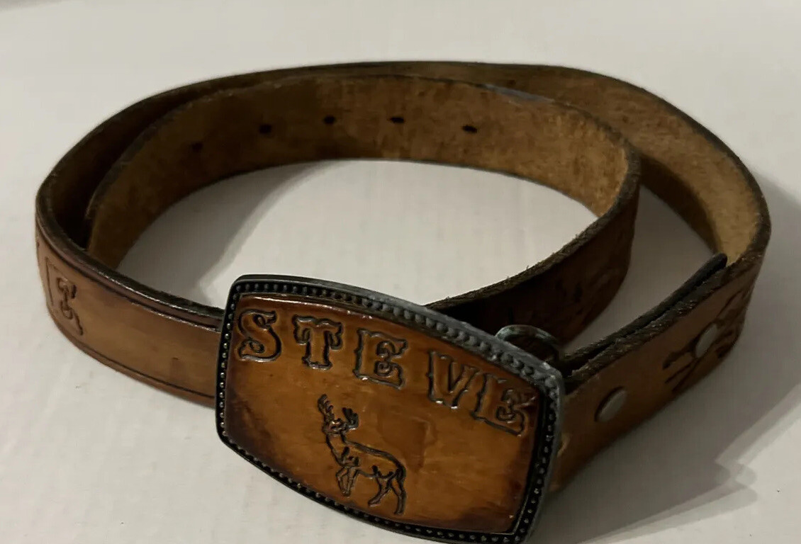 Leather Belt with Embossed Steve Buckle And Embossed Fishing Design And Steve-image